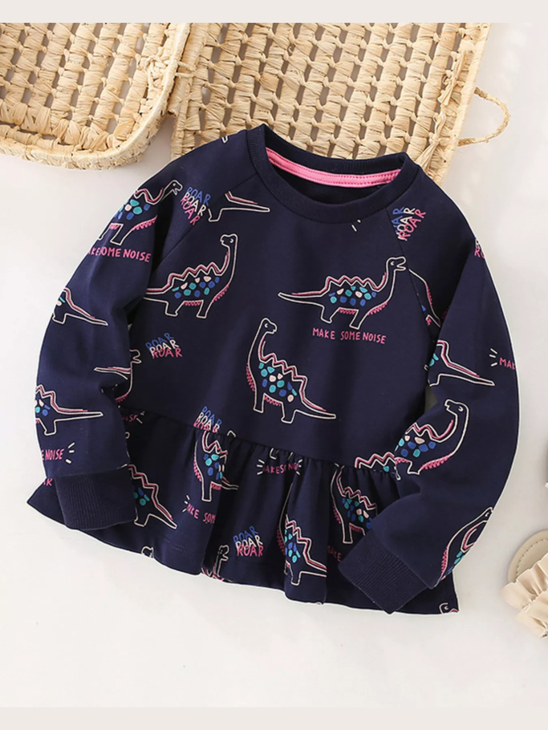 Girls and Toddler Girls Dinosaur Print Ruffle Hem Sweatshirt