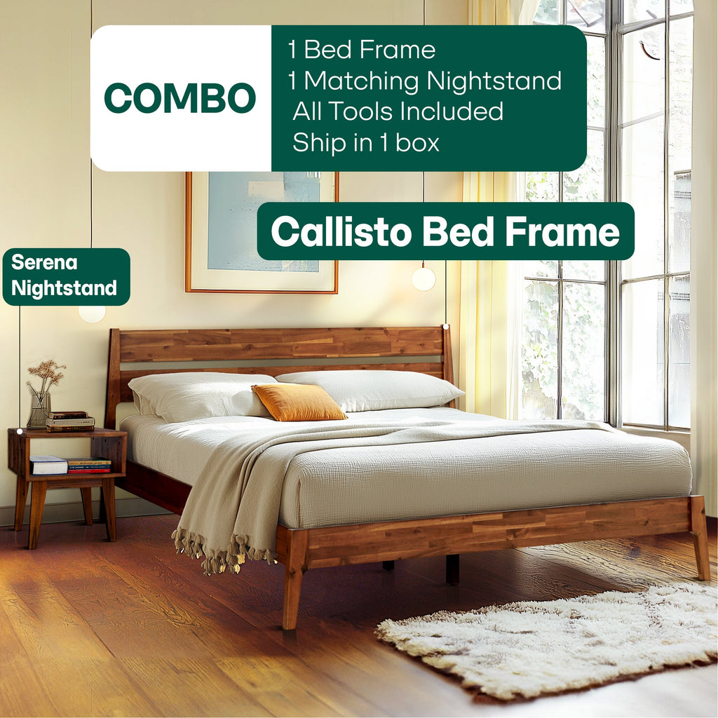Acacia Callisto Solid Wood Bed Frame and Nightstand Set for a Stylish Bedroom