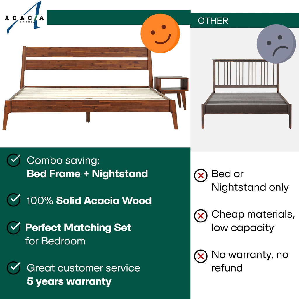 Acacia Callisto Solid Wood Bed Frame and Nightstand Set for a Stylish Bedroom