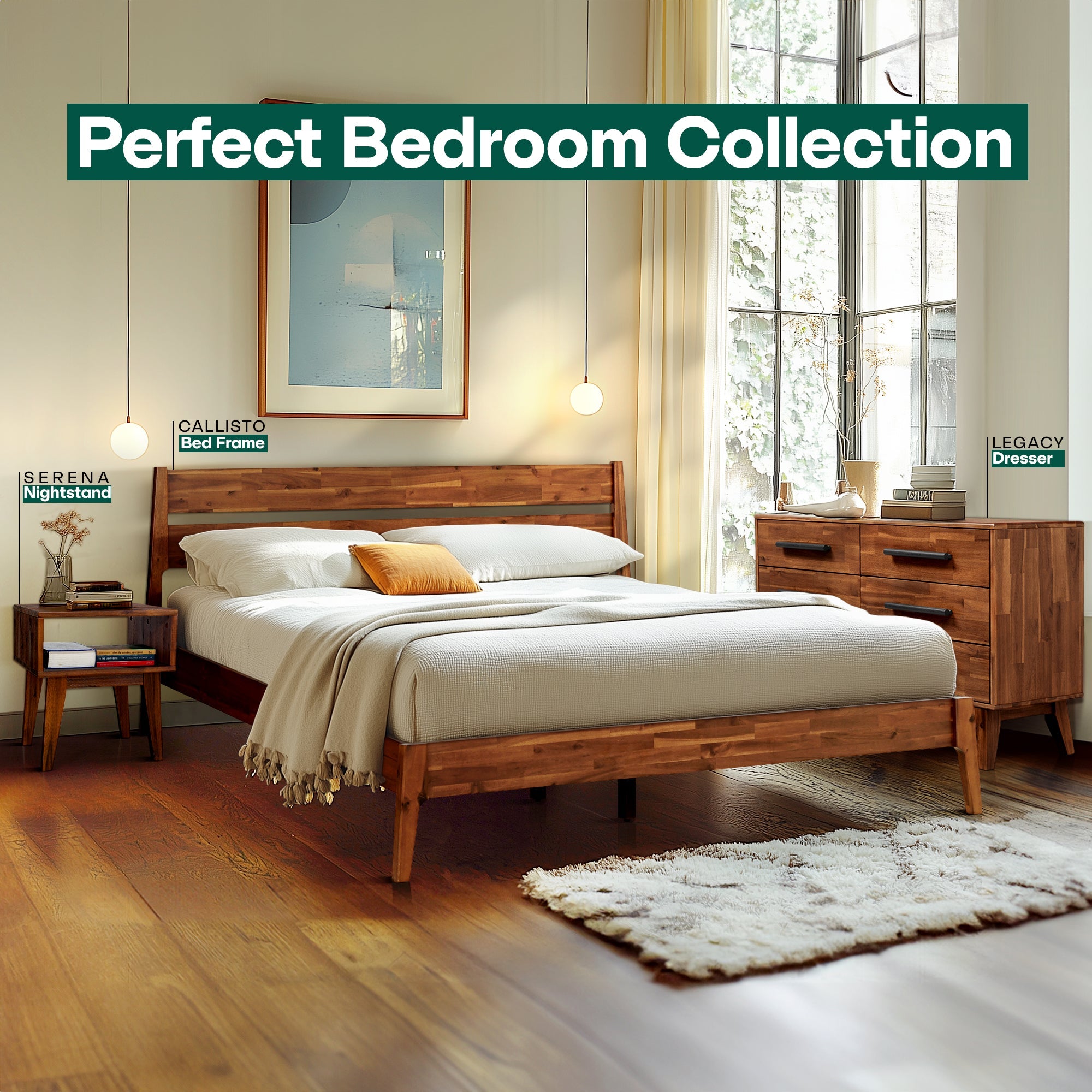 Acacia Callisto Solid Wood Bed Frame and Nightstand Set for a Stylish Bedroom