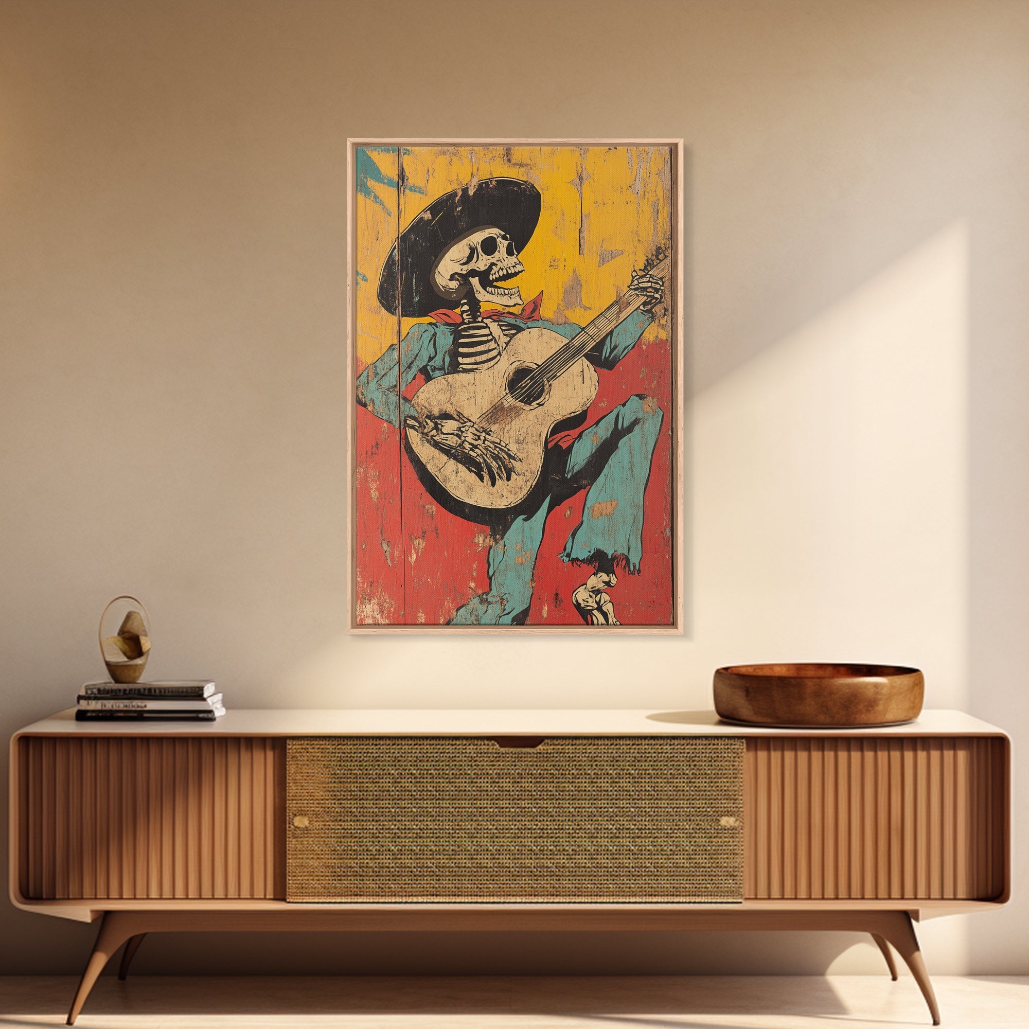 Haunted Skeleton Vaquero Cowboy Framed Canvas Print, Chicano Art, Mexican Home Decor, Mexican Wall Art