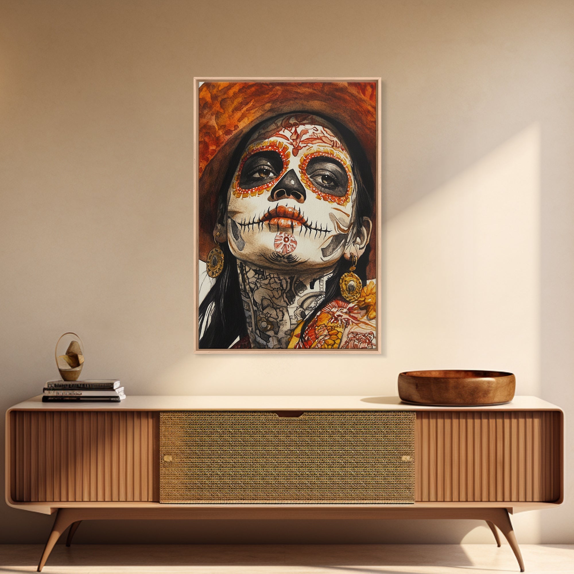 Day Of The Dead Portrait Framed Canvas Print, Chicano / Mexicano Wall Art, Home Decor, Chicano Wall Art, Chicano Painting