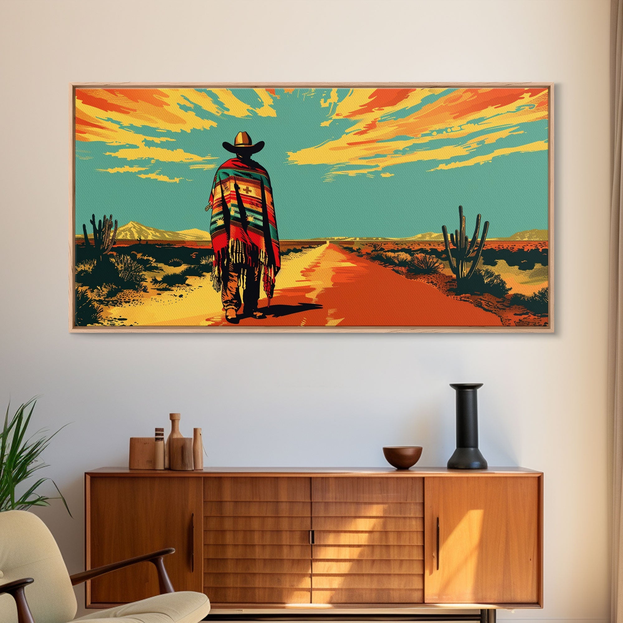 Lone Cowboy with Cactus in Desert, Perfect Living Room Art, Framed Canvas Print, Rustic Home Decoration, Boho Wall Art