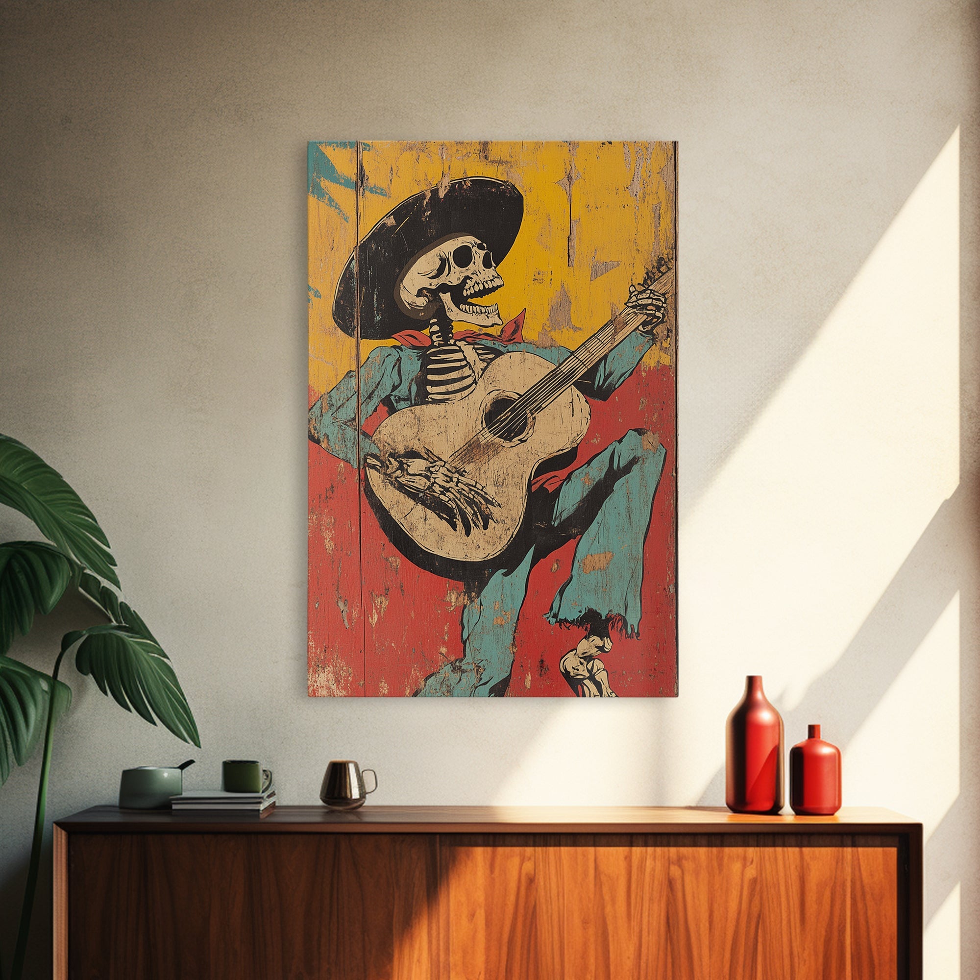 Haunted Skeleton Vaquero Cowboy Framed Canvas Print, Chicano Art, Mexican Home Decor, Mexican Wall Art