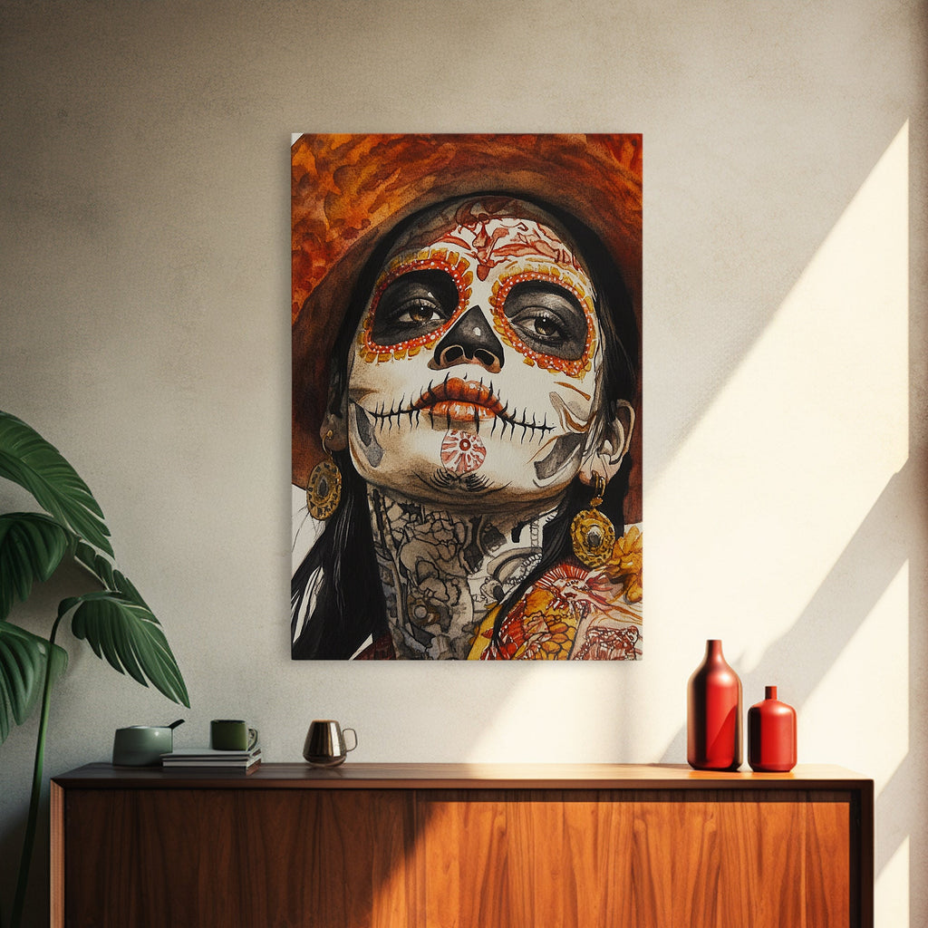 Day Of The Dead Portrait Framed Canvas Print, Chicano / Mexicano Wall Art, Home Decor, Chicano Wall Art, Chicano Painting