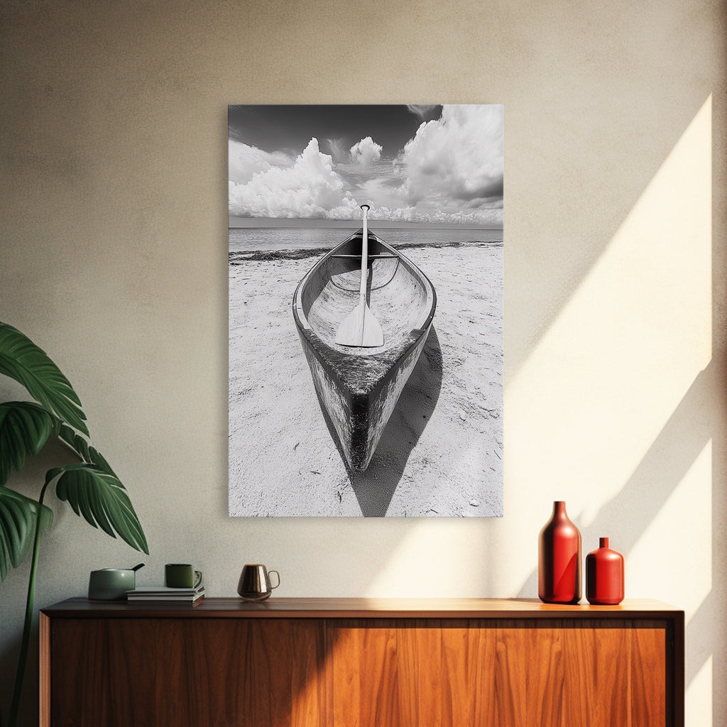 Paddle, Canoe, Beach, Clouds - Summer boating scene, Canvas Print, ideal bathroom or guestroom nautical art, rustic coastal boho wall decor