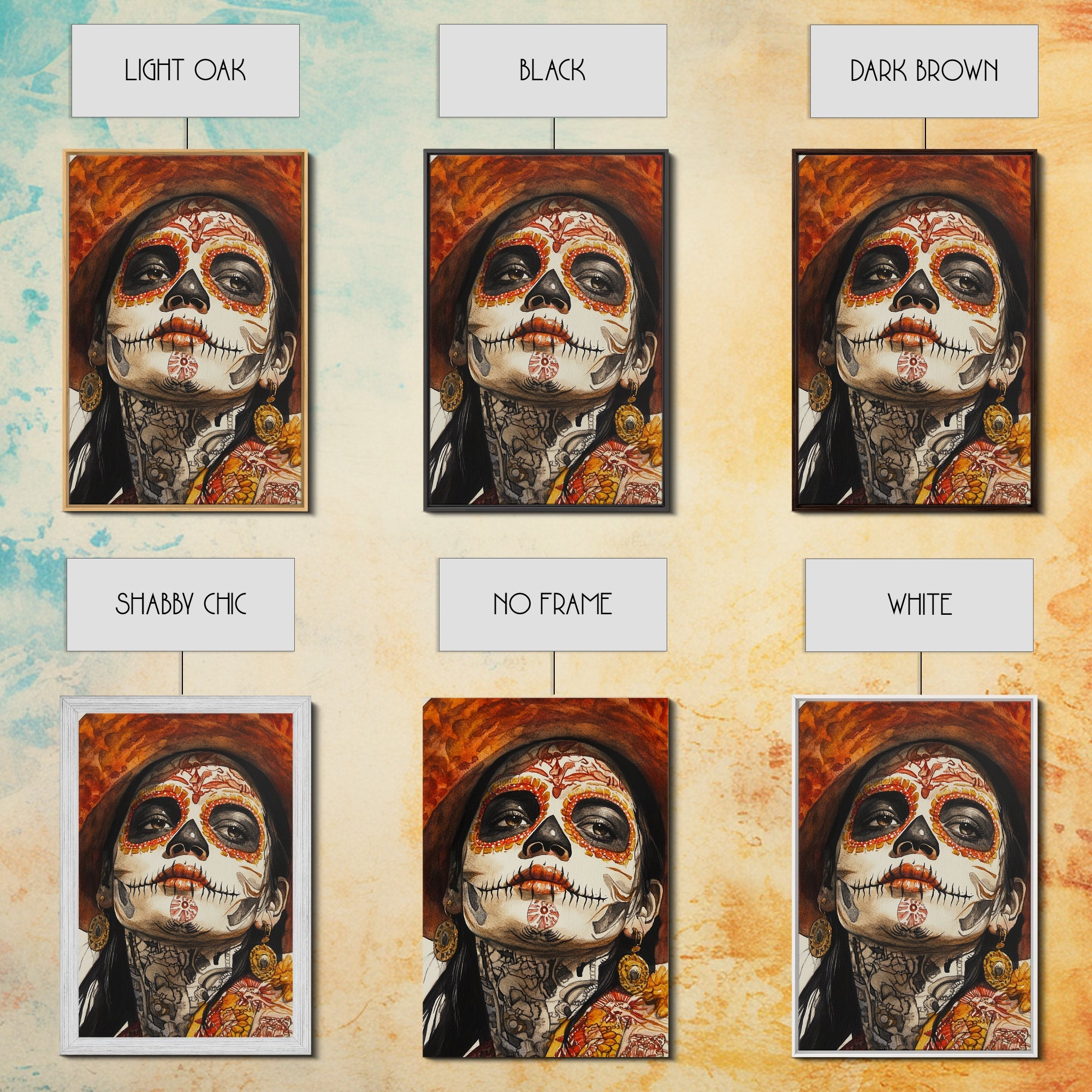 Day Of The Dead Portrait Framed Canvas Print, Chicano / Mexicano Wall Art, Home Decor, Chicano Wall Art, Chicano Painting