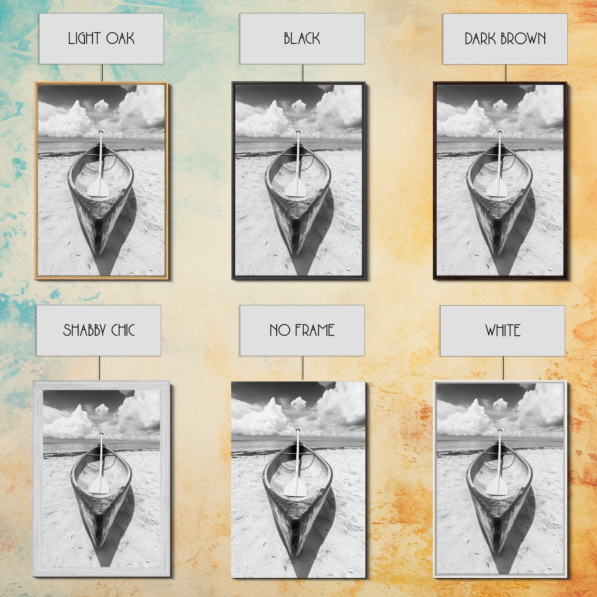 Paddle, Canoe, Beach, Clouds - Summer boating scene, Canvas Print, ideal bathroom or guestroom nautical art, rustic coastal boho wall decor