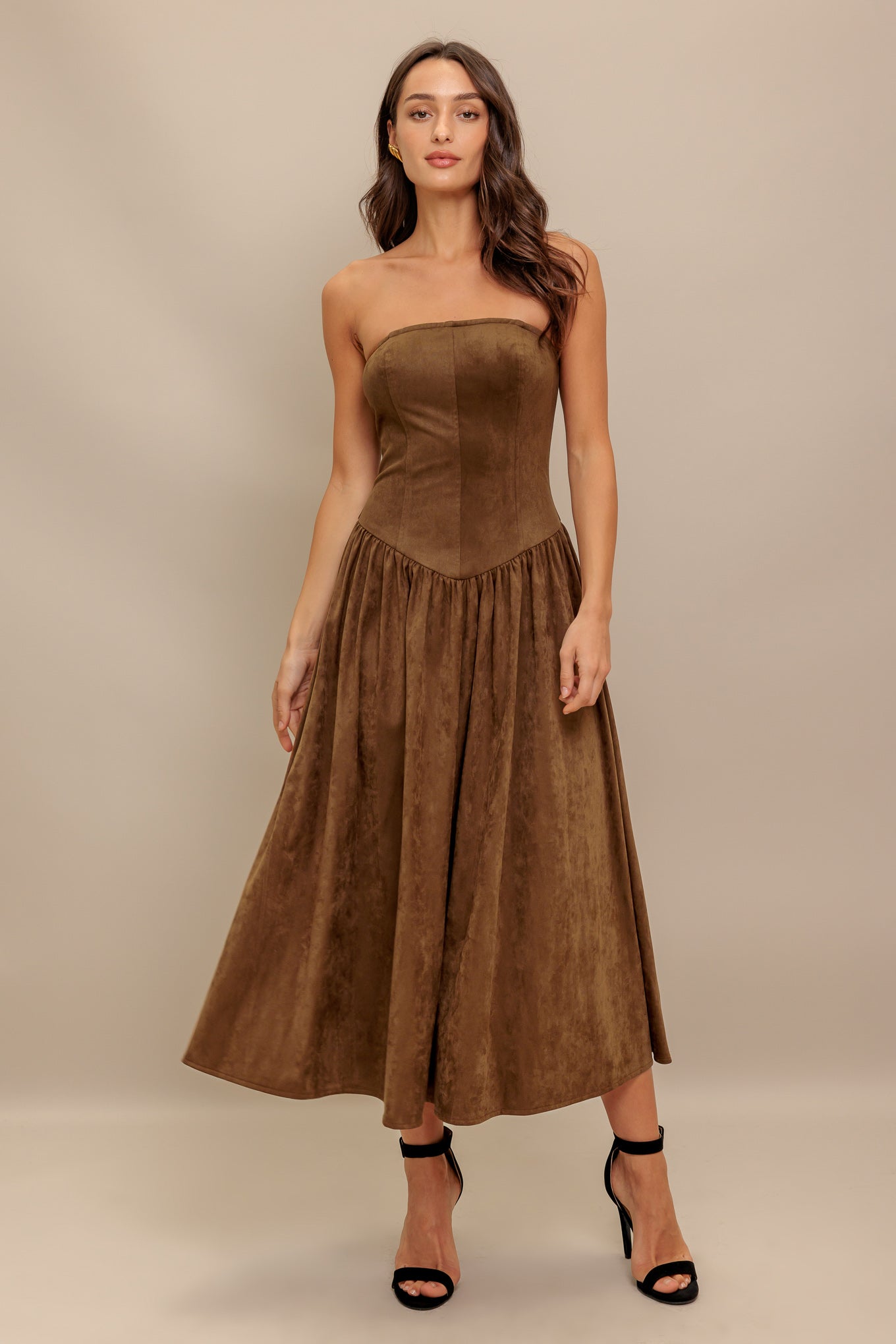 WILD ESPRESSO FAUX SUEDE MIDI DRESS