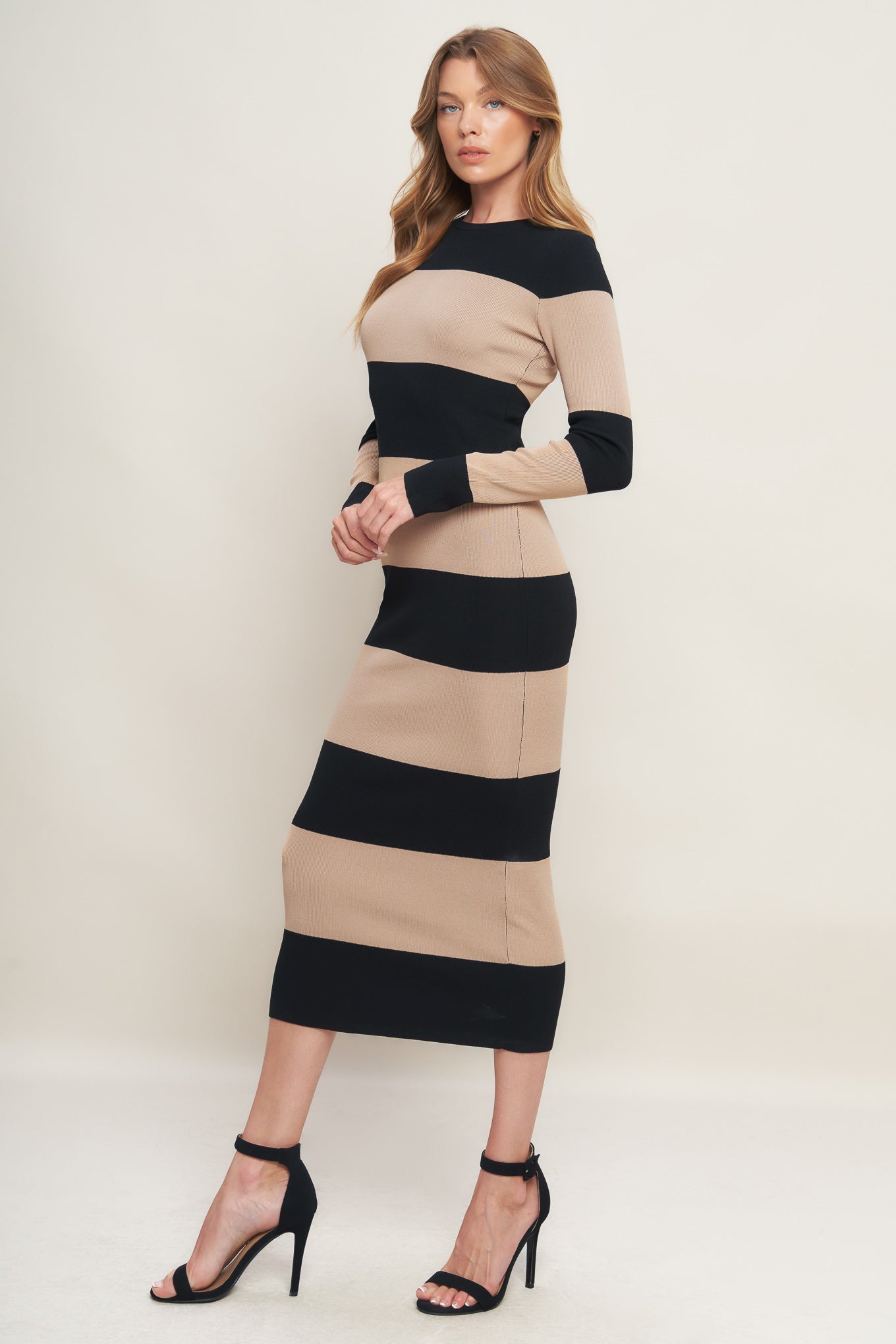 MODERN ATTITUDE STRIIP SWEATER MIDI DRESS