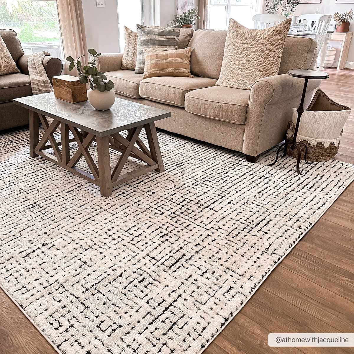 Keita Cream & Black Grid Plush Rug