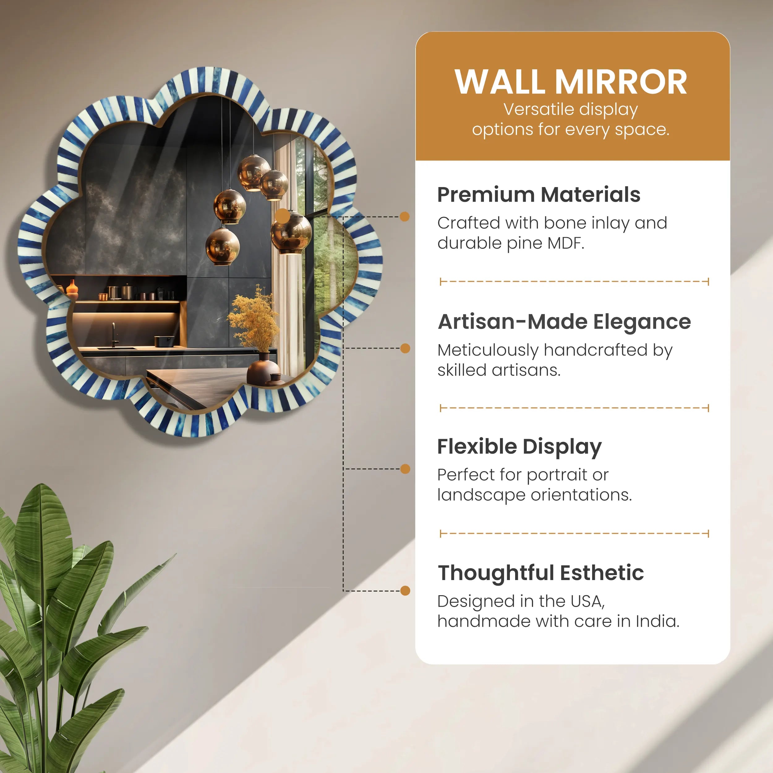 Handmade Blue & White Bone Inlay Scalloped Wall Mirror – 18"