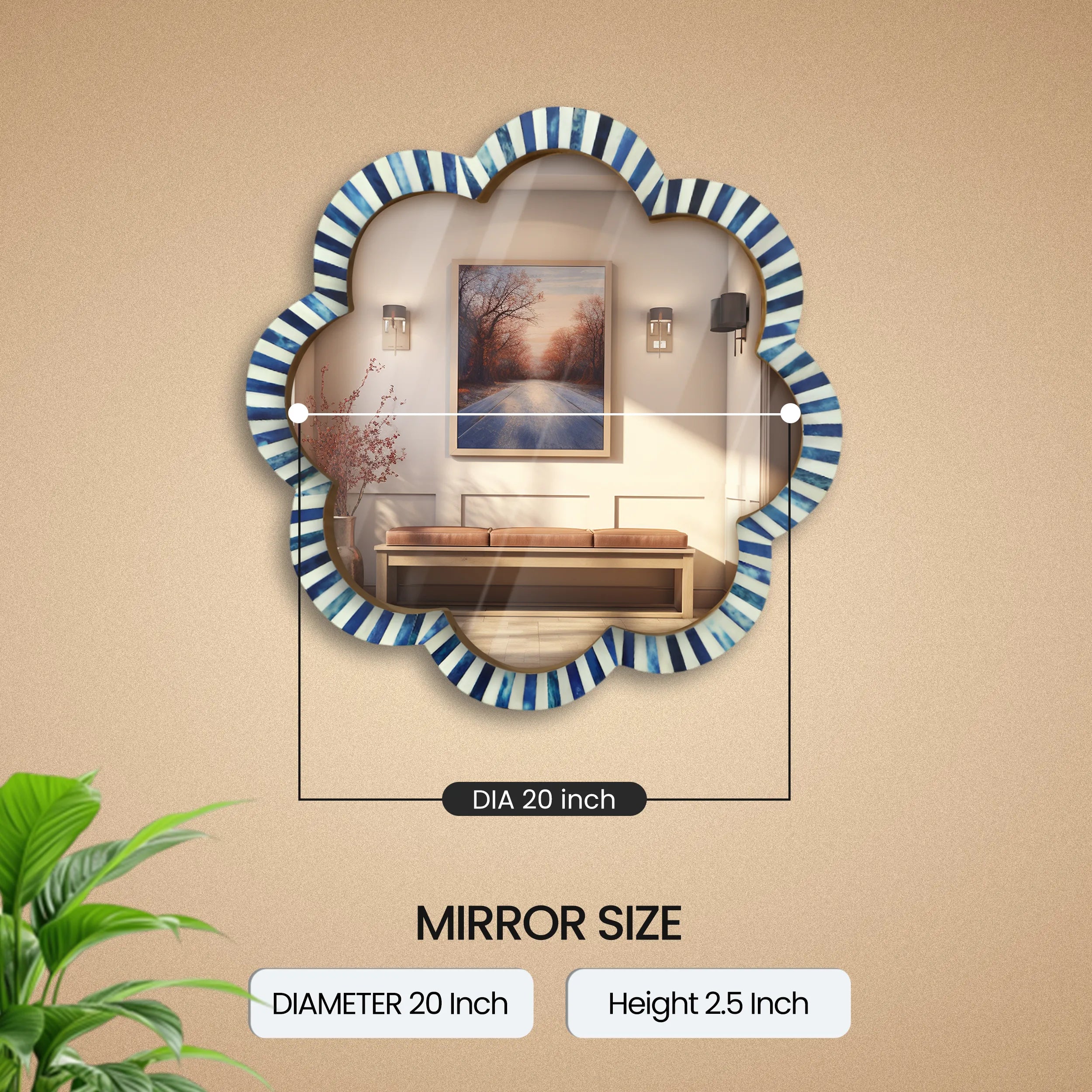 Handmade Blue & White Bone Inlay Scalloped Wall Mirror – 18"