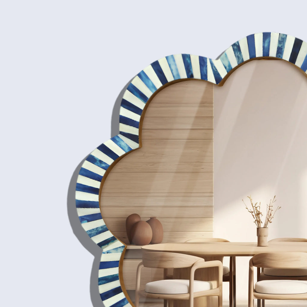 Handmade Blue & White Bone Inlay Scalloped Wall Mirror – 18"