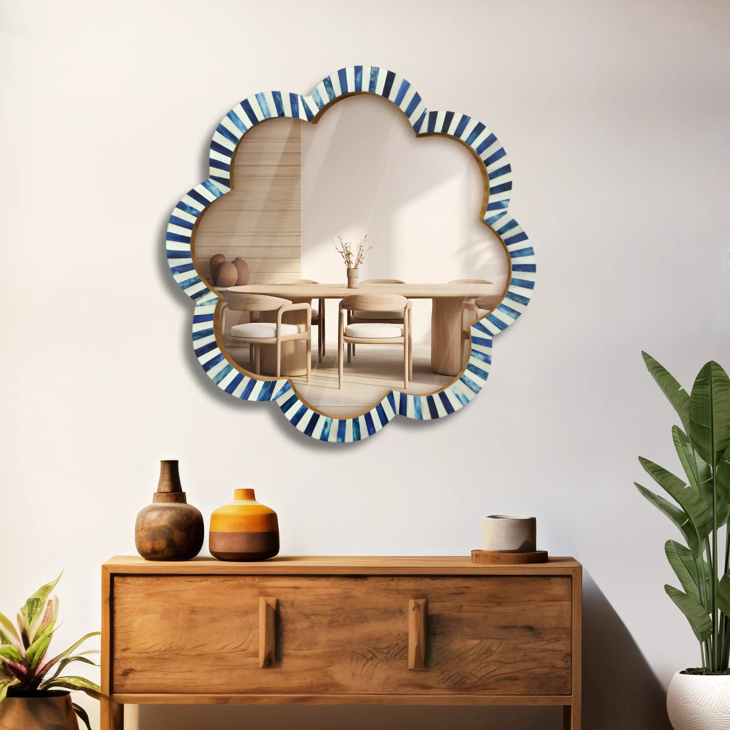 Handmade Blue & White Bone Inlay Scalloped Wall Mirror – 18"