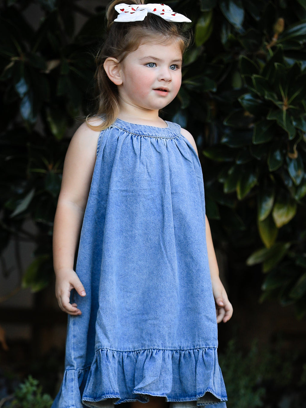 Girls Denim Ruffle Trim A-Line Dress