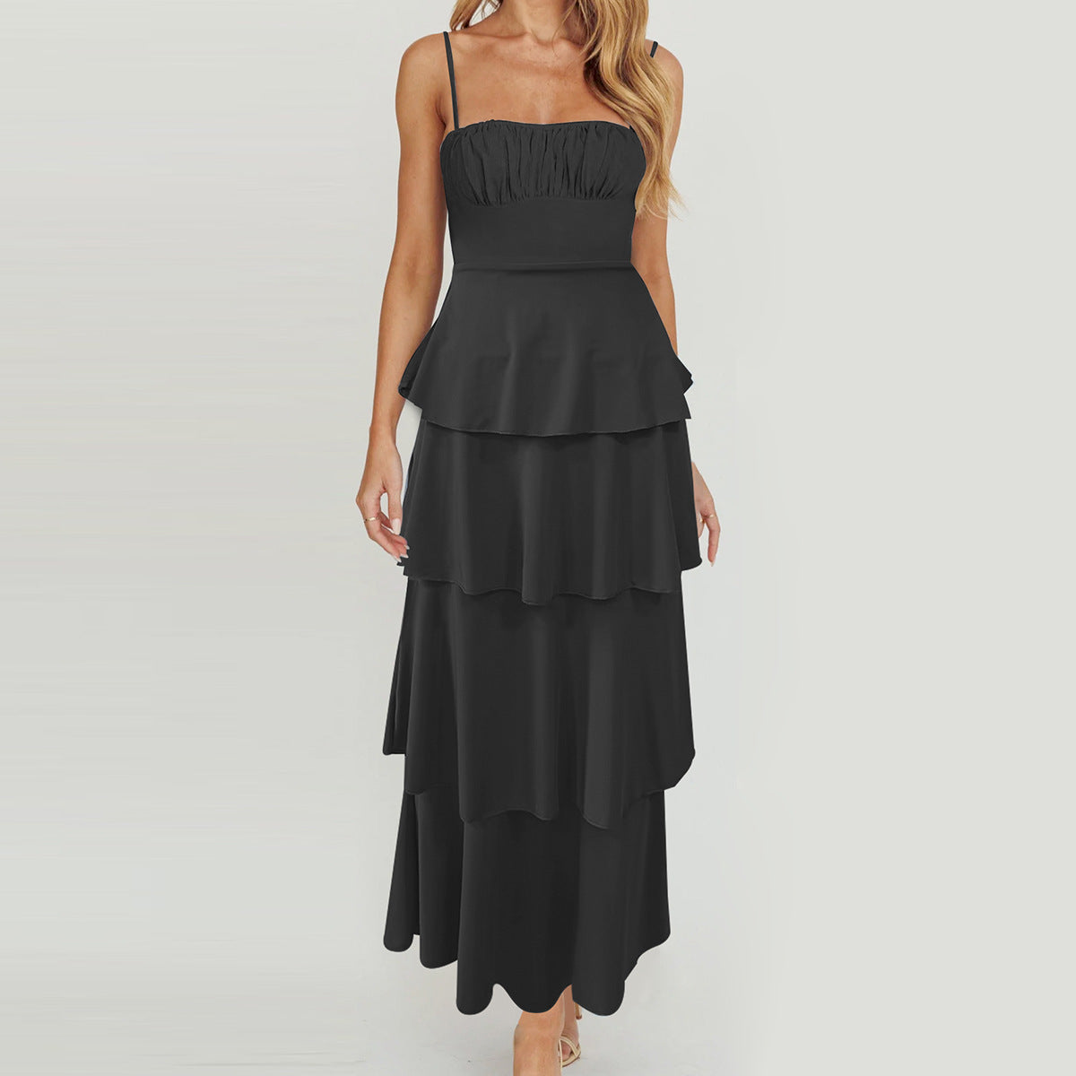 Sexy Backless Suspender Layered Dress Pleated Lace up Slim Fit Dress