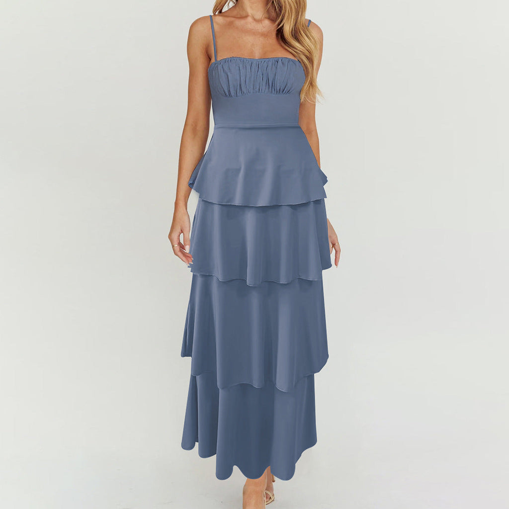 Sexy Backless Suspender Layered Dress Pleated Lace up Slim Fit Dress