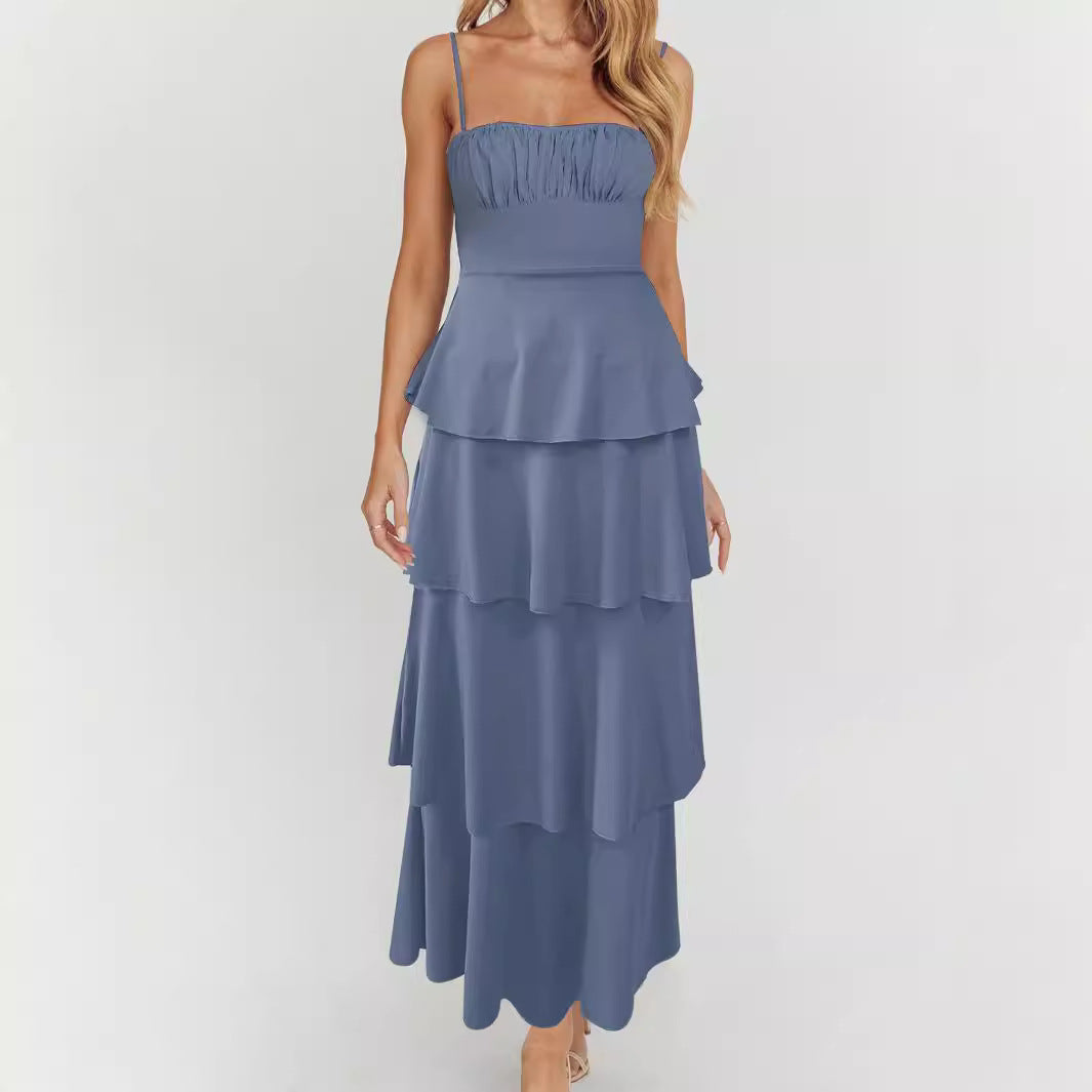 Sexy Backless Suspender Layered Dress Pleated Lace up Slim Fit Dress