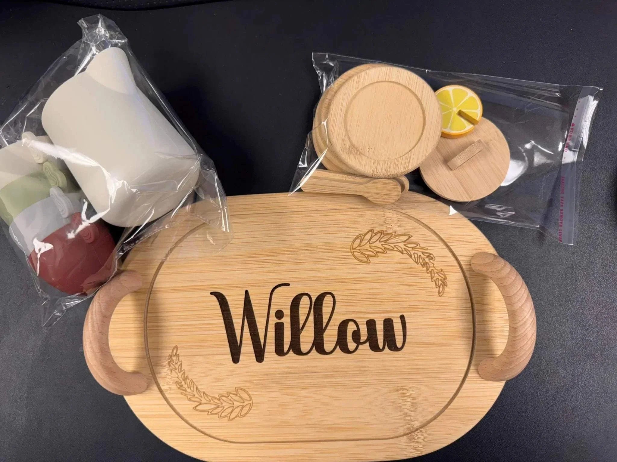 Personalized Kids’ Wooden Tea Set – 14-Piece Pretend Play Set with Engraved Bamboo Tray – Montessori-Inspired Toy for Toddlers & Children