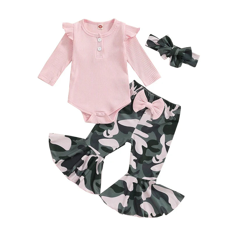 Baby Girls 3Pcs Fall Outfit Long Sleeve Ribbed Solid Color Romper Camouflage Print Flared Long Pants Headband Set