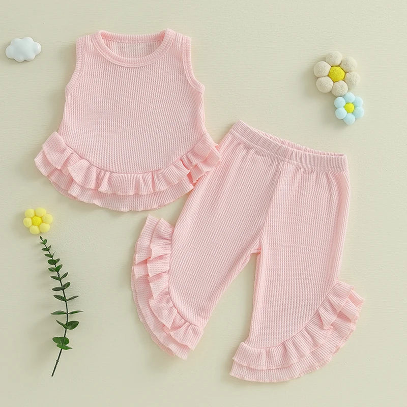 Baby Toddler Girl 2Pcs Summer Outfit Solid Waffle Round Neck Ruffled Tank Top with Long Pants Set