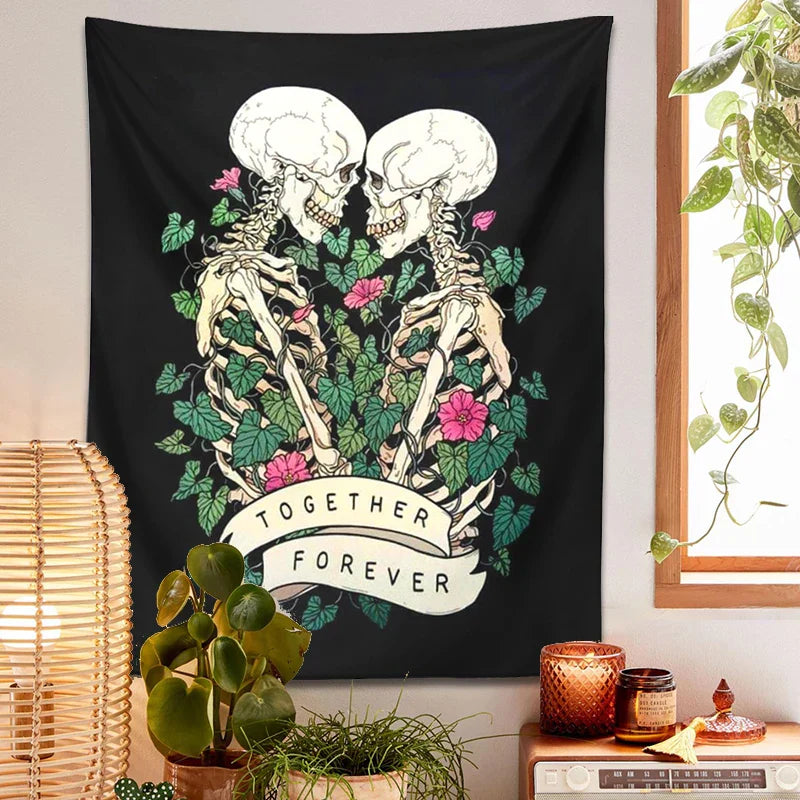 DecorBites™ Lover Skeleton Tapestry Wall Hanging With Rose Flower Psychedelic Boho Blanket