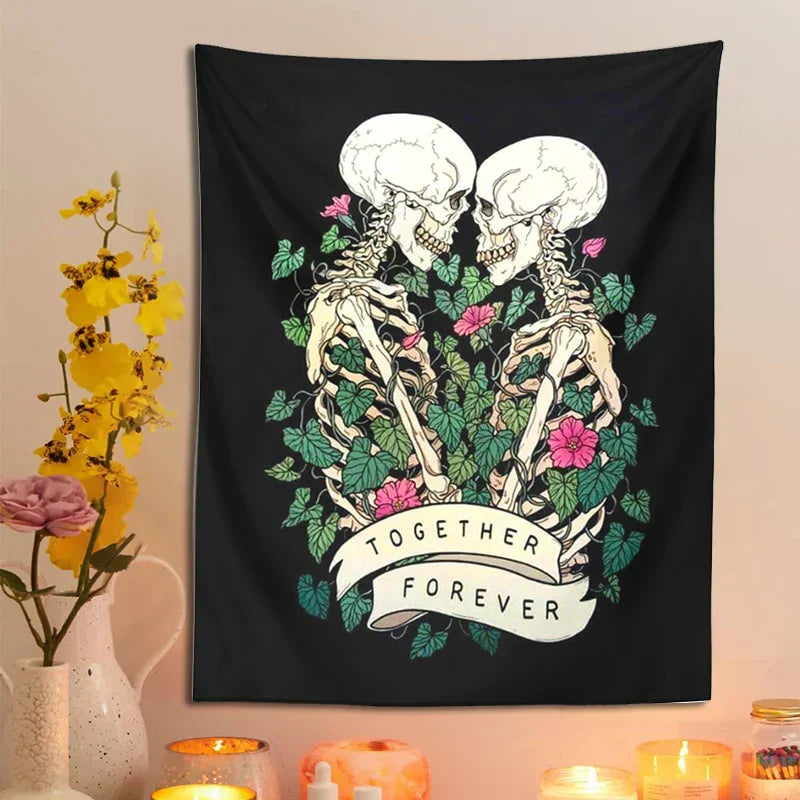 DecorBites™ Lover Skeleton Tapestry Wall Hanging With Rose Flower Psychedelic Boho Blanket