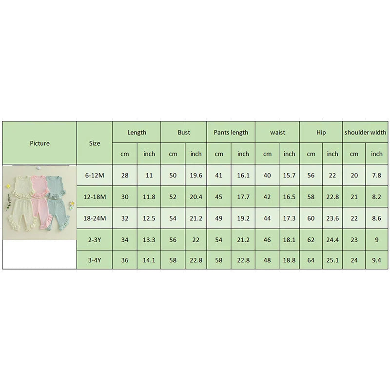 Baby Toddler Girl 2Pcs Summer Outfit Solid Waffle Round Neck Ruffled Tank Top with Long Pants Set