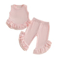 Baby Toddler Girl 2Pcs Summer Outfit Solid Waffle Round Neck Ruffled Tank Top with Long Pants Set