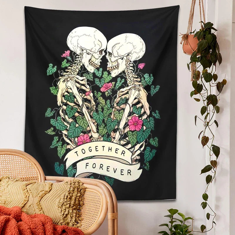 DecorBites™ Lover Skeleton Tapestry Wall Hanging With Rose Flower Psychedelic Boho Blanket