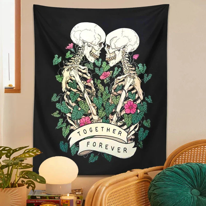 DecorBites™ Lover Skeleton Tapestry Wall Hanging With Rose Flower Psychedelic Boho Blanket