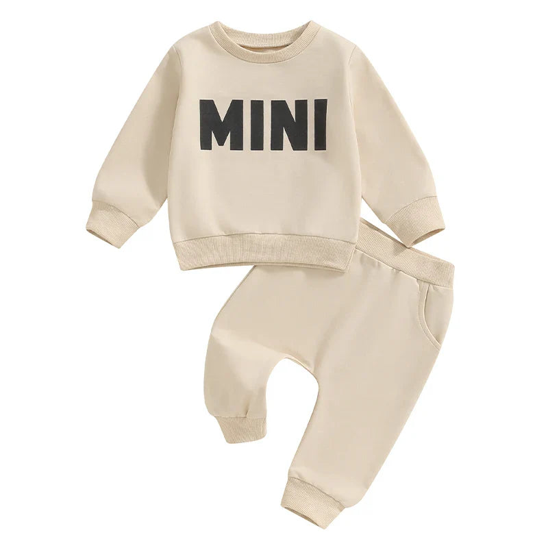 Baby Toddler Boys Girls MINI Set Letter Print Long Sleeve Round Neck Top Pockets Long Pants Outfit