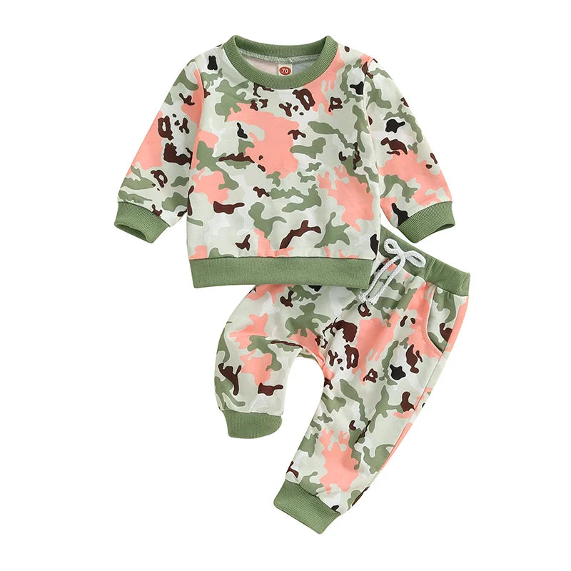 Baby Toddler Boys Girls 2Pcs Fall Clothes Camouflage Print Long Sleeve Top and Elastic Pants Outfit Set