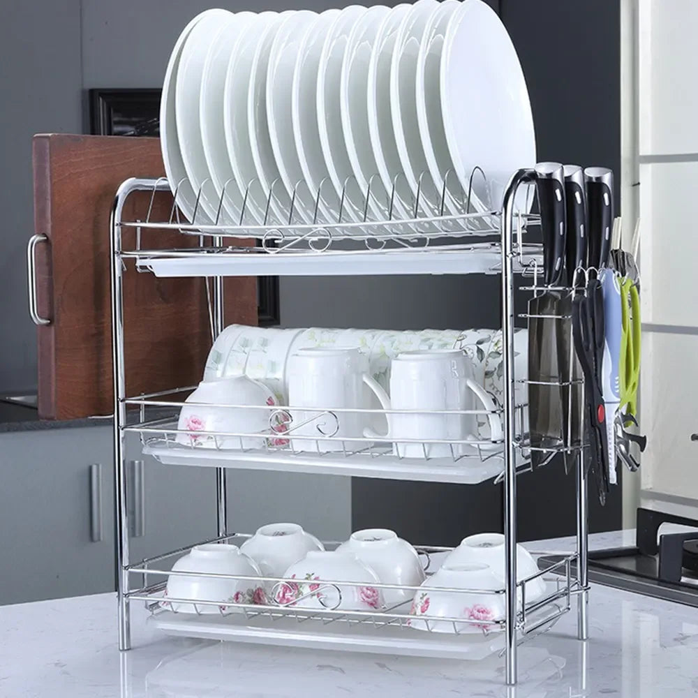 DecorBites™ 3-Tier Kitchen Drying Rack & Dish Organizer Shelf with Drain Board