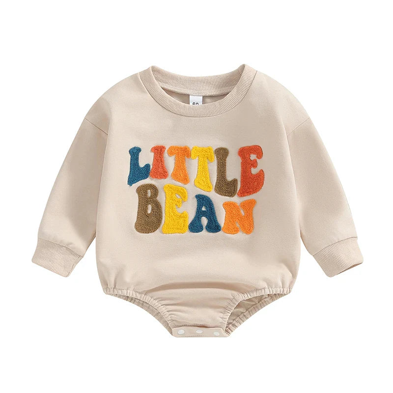 Baby Girls Boys Little Bean Bodysuit Long Sleeve Letter Embroidery Casual Playsuit Romper