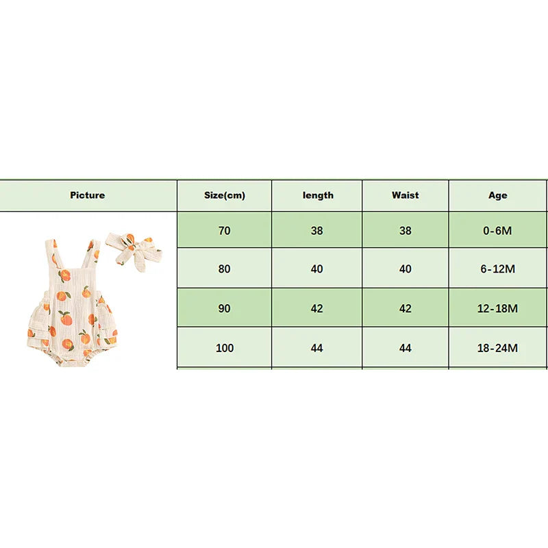 Baby Toddler Girls Romper Peach Print Sleeveless Square Neck Side Tiered Ruffled Jumpsuit with Headband Set