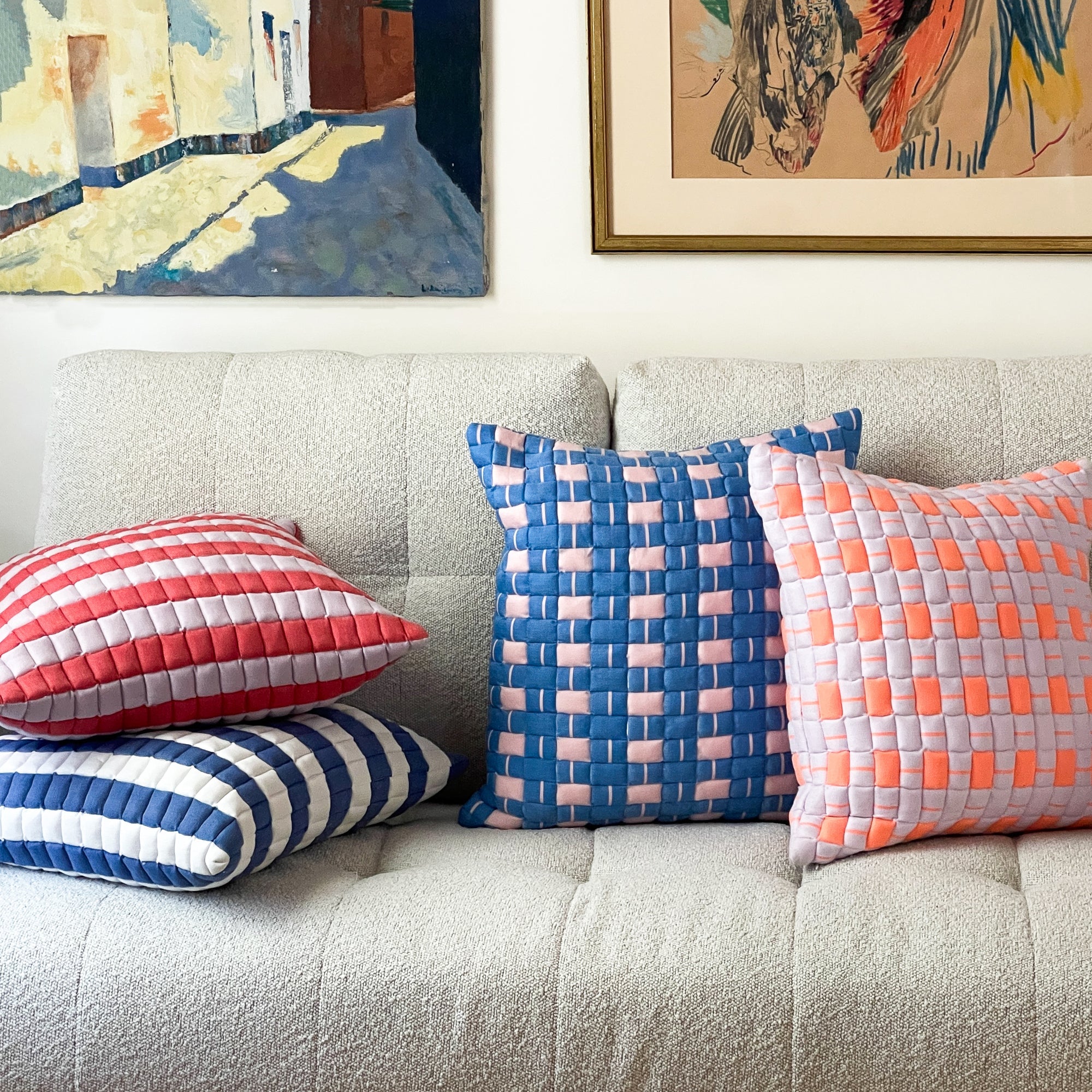 Backordered: Sujani Quilted Pillow — Pastel Lilac and Neon Orange