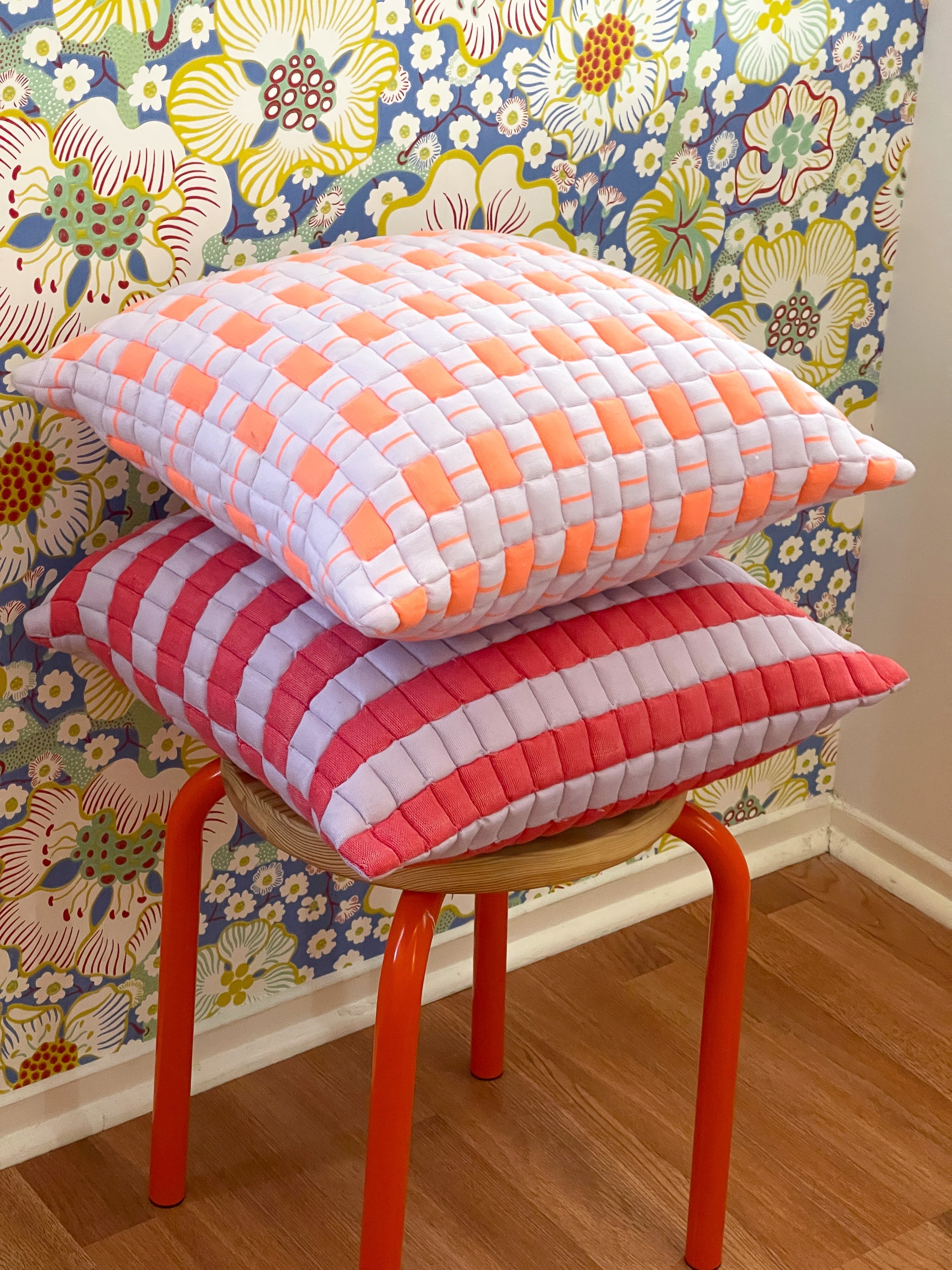 Backordered: Sujani Quilted Pillow — Pastel Lilac and Neon Orange