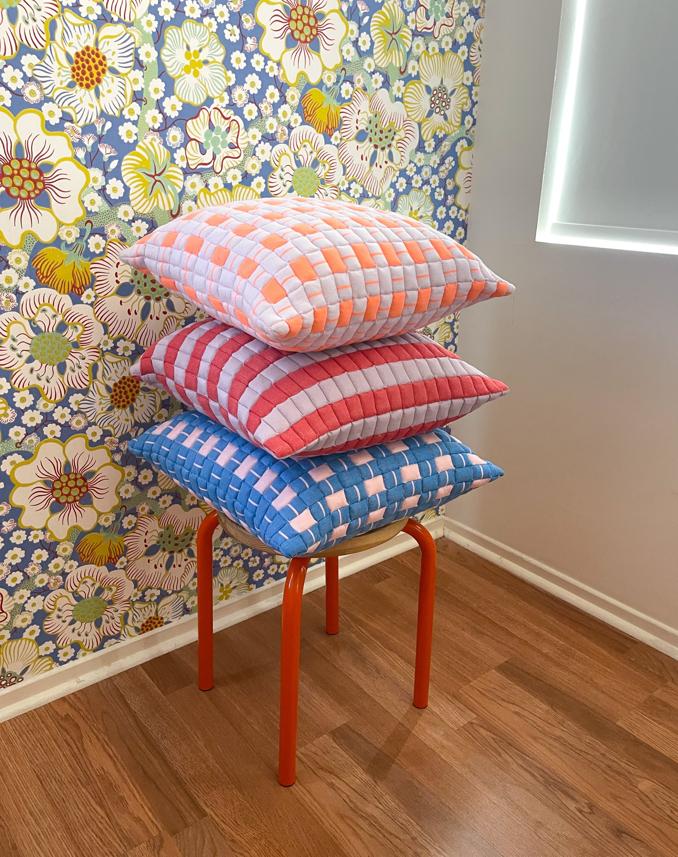 Backordered: Sujani Quilted Pillow — Pastel Lilac and Neon Orange