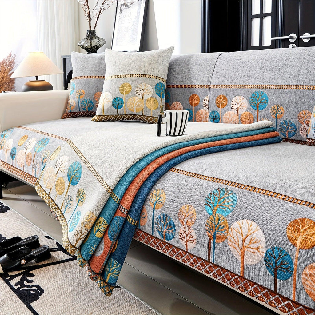 Pet Proof Couch Cover - Boho Chenille Sofa Cover with Tree Embroidery
