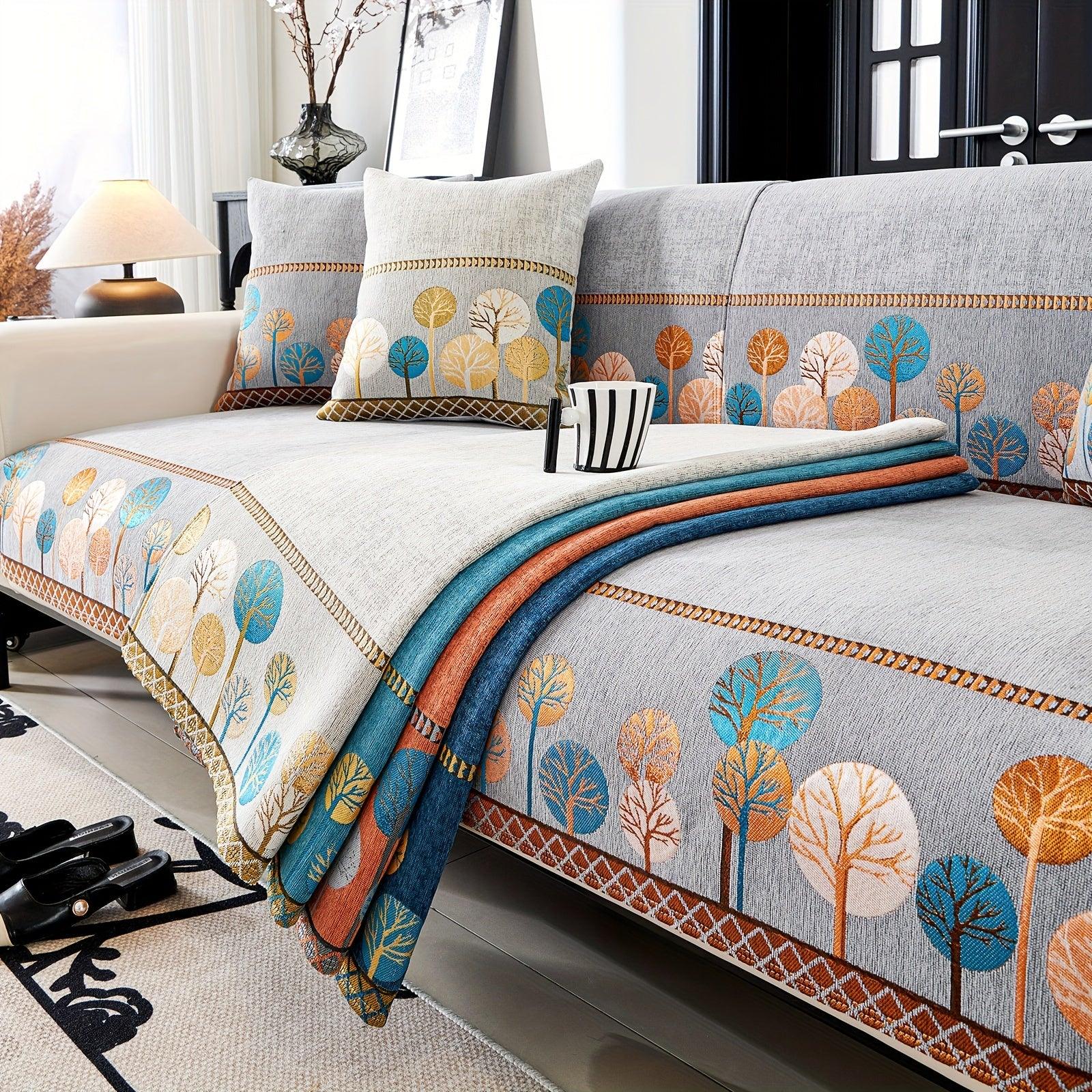 Pet Proof Couch Cover - Boho Chenille Sofa Cover with Tree Embroidery