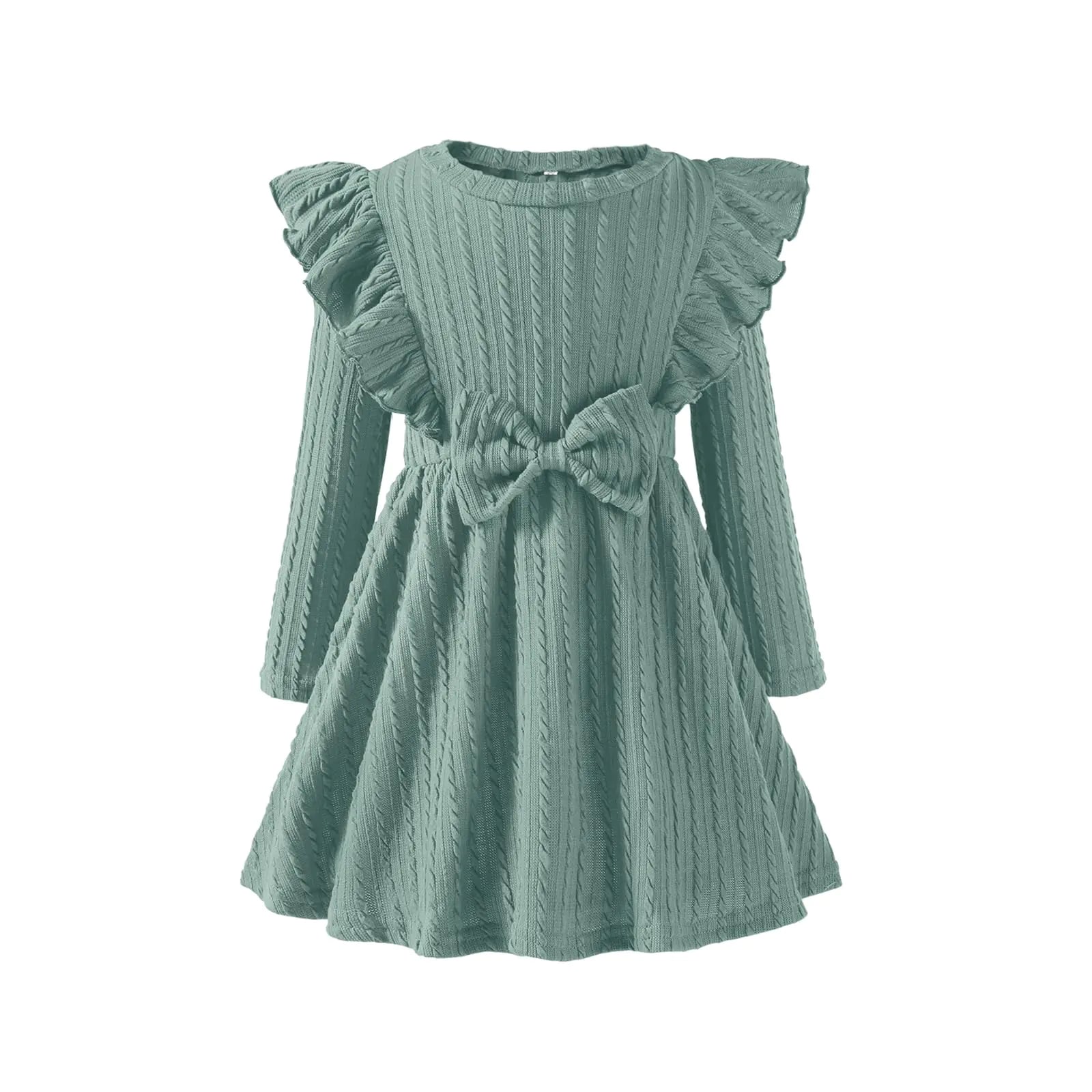 Kionio Toddler Girl Dress-Baby Sweater Dresses-Ruffle Ribbed Knit Long Sleeve A-Line Swing-Fall-Winter - # GIAA211710009