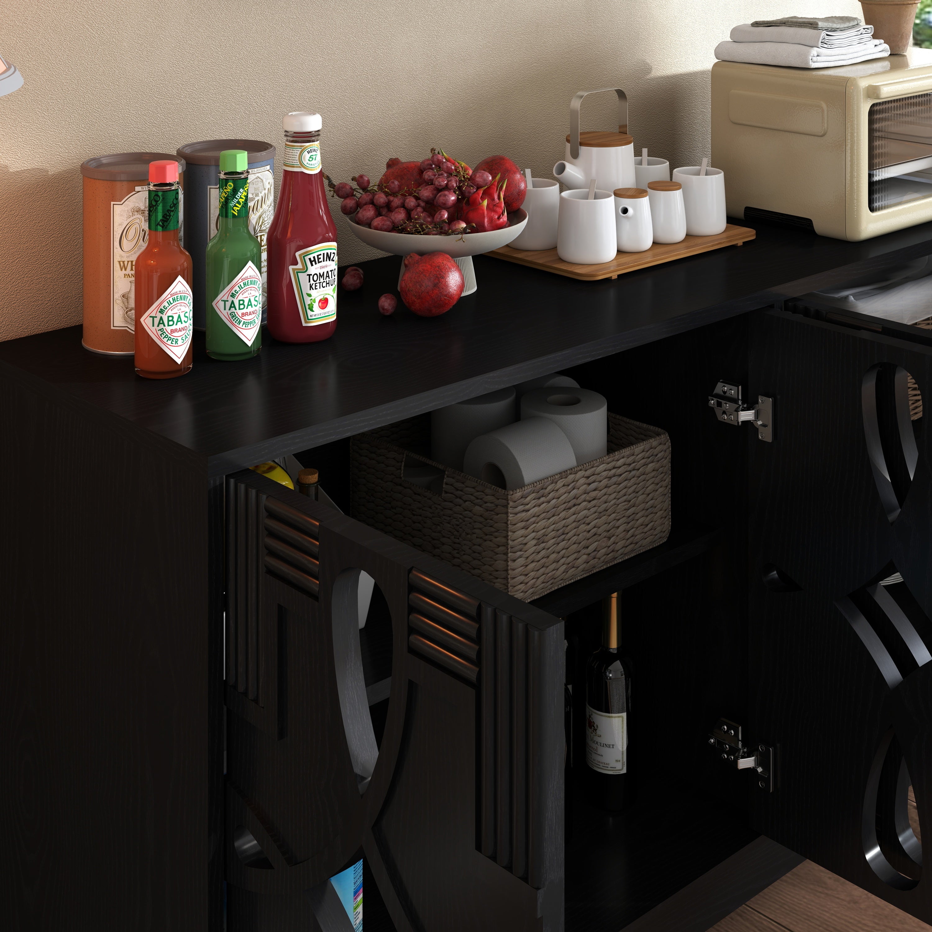 60.5' Mid Century Modern Sideboard Buffet Cabinet with Storage, TV Media Console Table, Storage Cabinet with 4 Doors & Adjustable Shelves for Kitchen Dining Living Room Entryway, Black