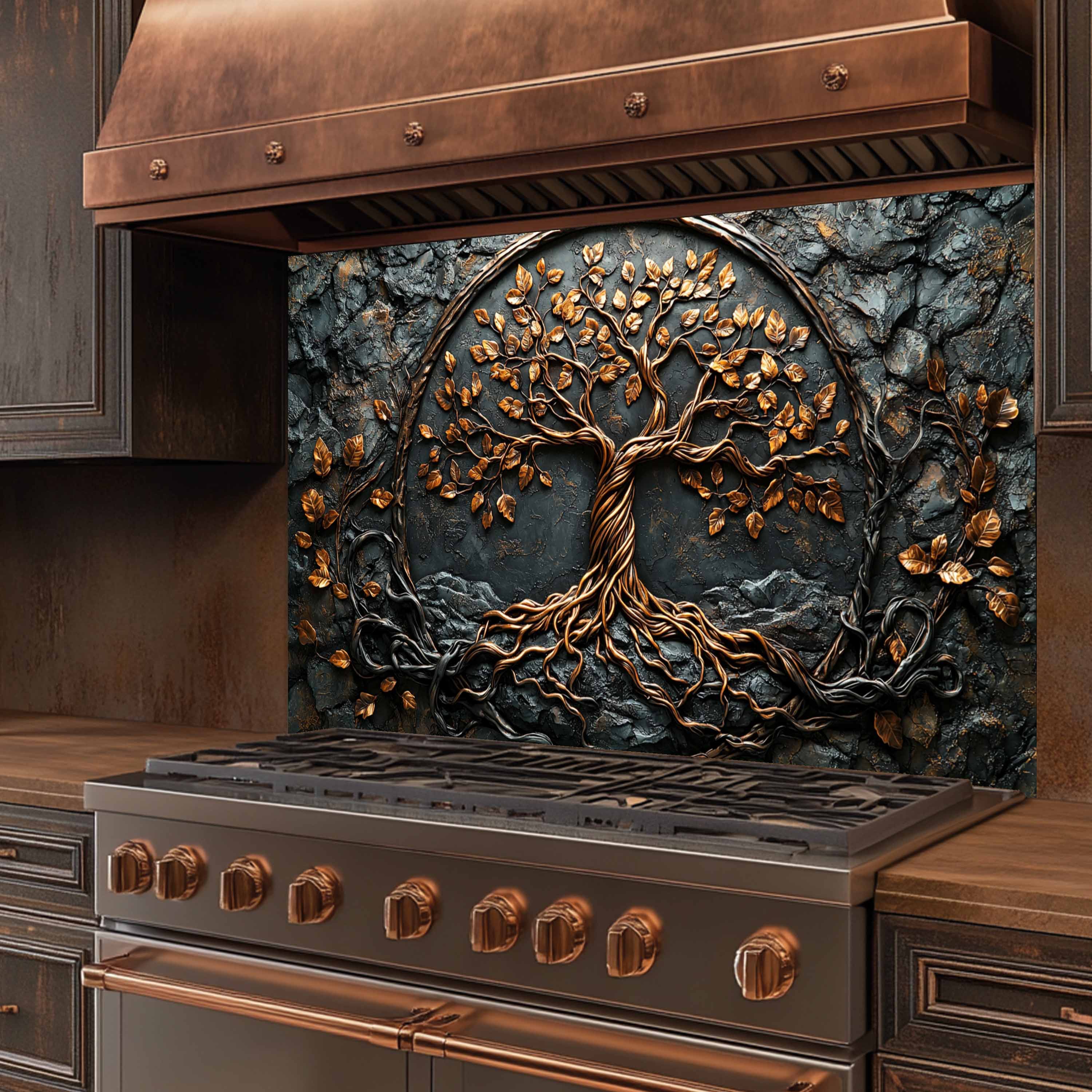 Tree with Roots Kitchen Backsplash – Tempered Glass Backsplash Behind Stove