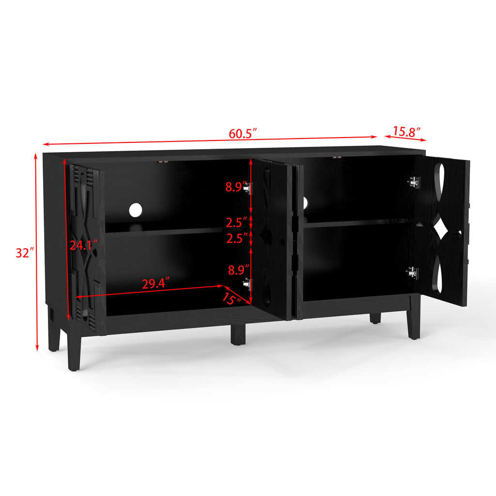 60.5' Mid Century Modern Sideboard Buffet Cabinet with Storage, TV Media Console Table, Storage Cabinet with 4 Doors & Adjustable Shelves for Kitchen Dining Living Room Entryway, Black
