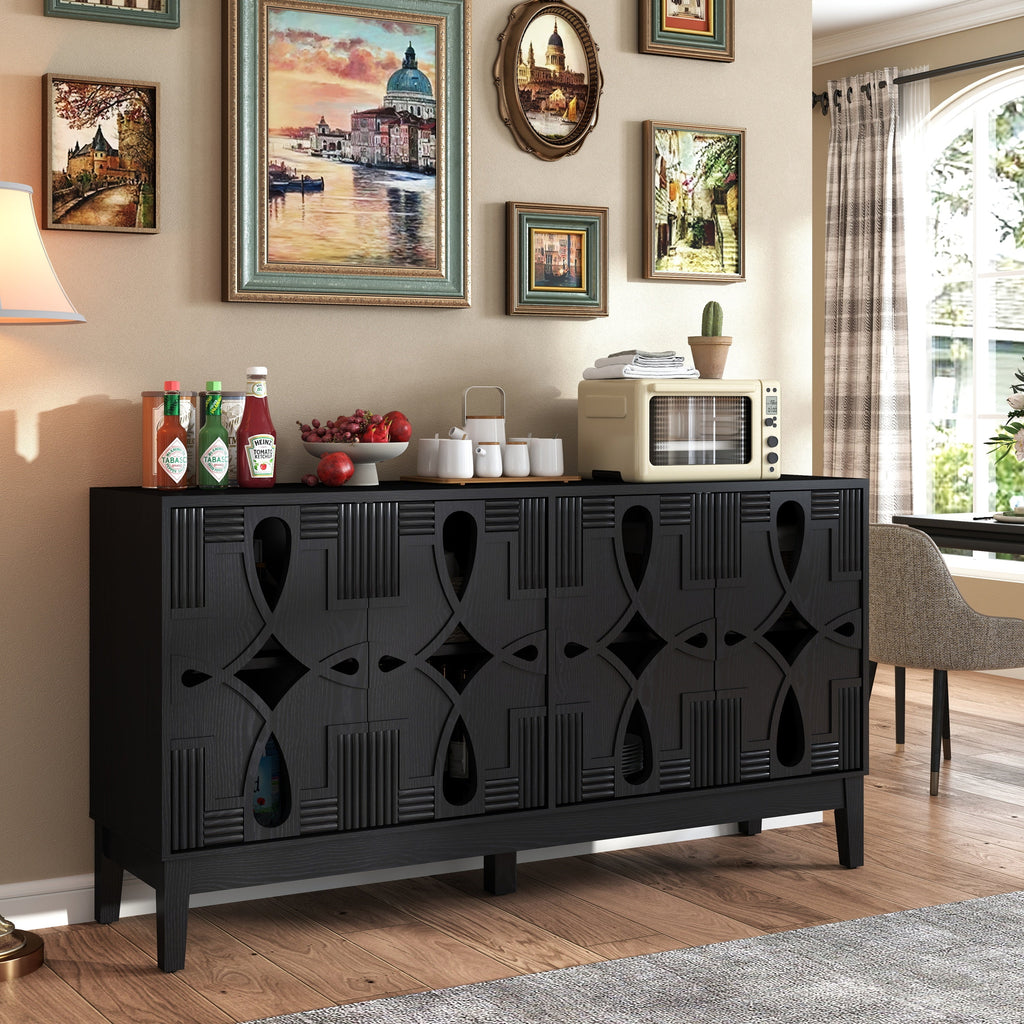60.5' Mid Century Modern Sideboard Buffet Cabinet with Storage, TV Media Console Table, Storage Cabinet with 4 Doors & Adjustable Shelves for Kitchen Dining Living Room Entryway, Black