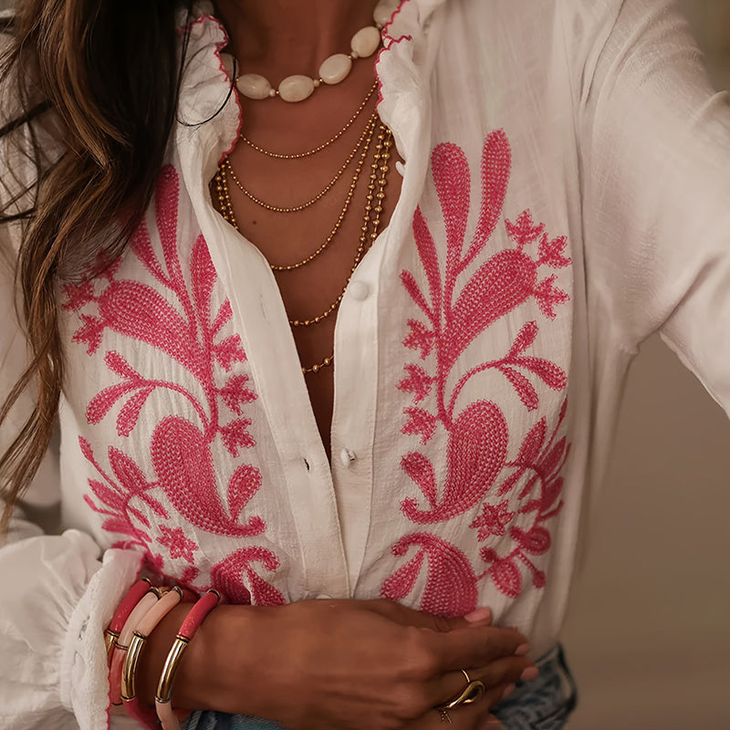 Boho Floral Ruffle Blouse — V-Neck Lantern Sleeve Button-Down Top