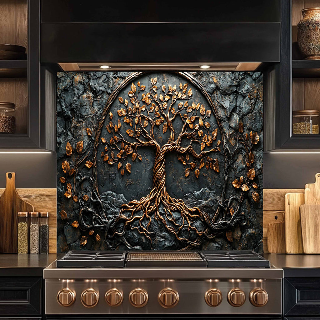 Tree with Roots Kitchen Backsplash – Tempered Glass Backsplash Behind Stove