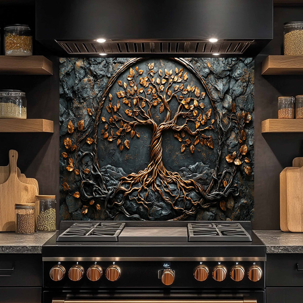 Tree with Roots Kitchen Backsplash – Tempered Glass Backsplash Behind Stove